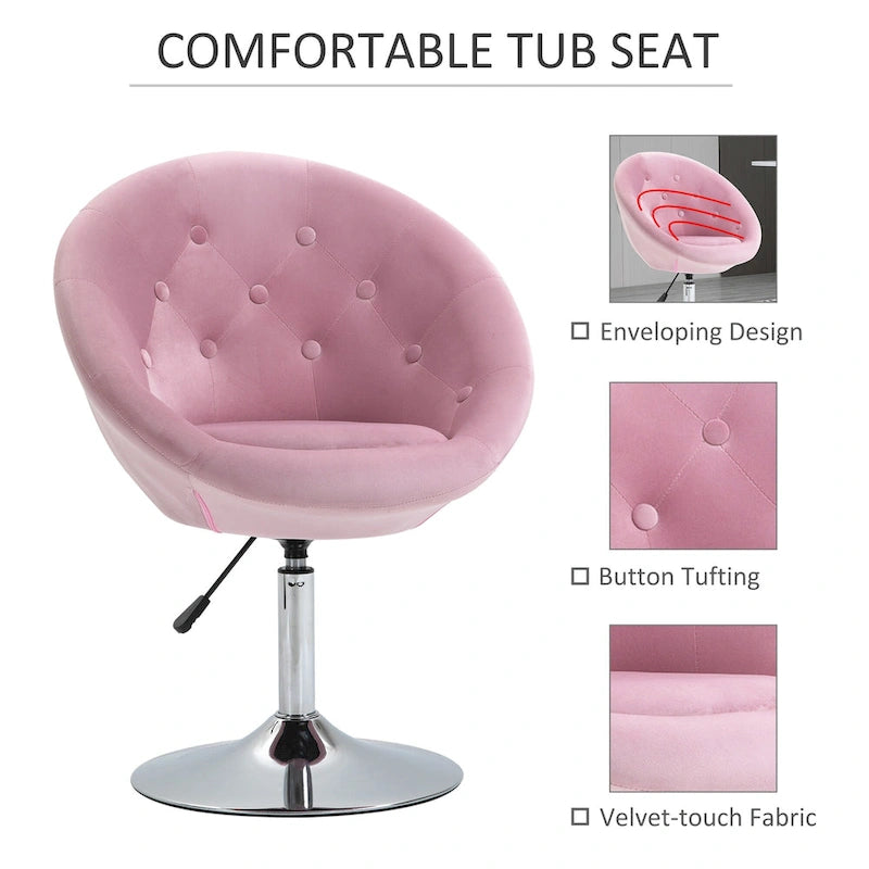 Fauteuil d'appoint pivotant en velours rose | Hauteur réglable 19-24,75" | Capitonné | 120 kg | Piètement en métal