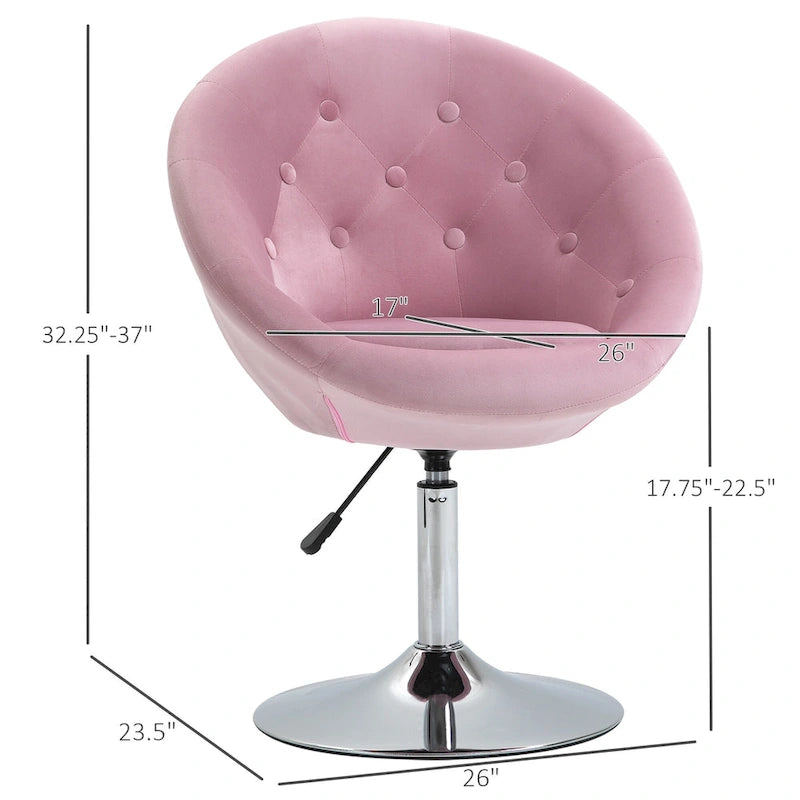 Fauteuil d'appoint pivotant en velours rose | Hauteur réglable 19-24,75" | Capitonné | 120 kg | Piètement en métal