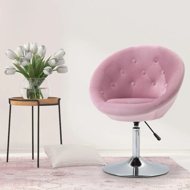 Fauteuil d'appoint pivotant en velours rose | Hauteur réglable 19-24,75" | Capitonné | 120 kg | Piètement en métal