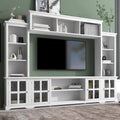 Meuble TV mural blanc de 264 cm | Meuble TV avec pont, 9 étagères et verre trempé de 5 mm | Convient aux téléviseurs de 70 pouces