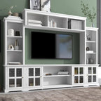 Meuble TV mural blanc de 264 cm | Meuble TV avec pont, 9 étagères et verre trempé de 5 mm | Convient aux téléviseurs de 70 pouces