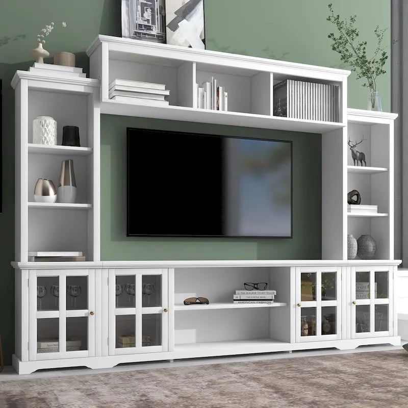 Meuble TV mural blanc de 264 cm | Meuble TV avec pont, 9 étagères et verre trempé de 5 mm | Convient aux téléviseurs de 70 pouces
