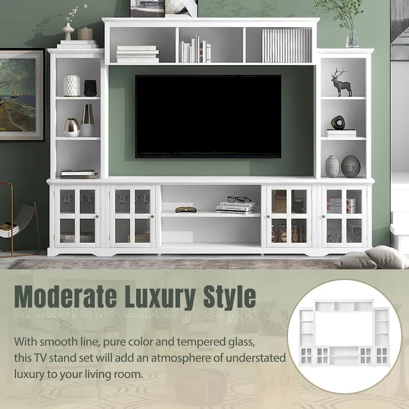 Meuble TV mural blanc de 264 cm | Meuble TV avec pont, 9 étagères et verre trempé de 5 mm | Convient aux téléviseurs de 70 pouces