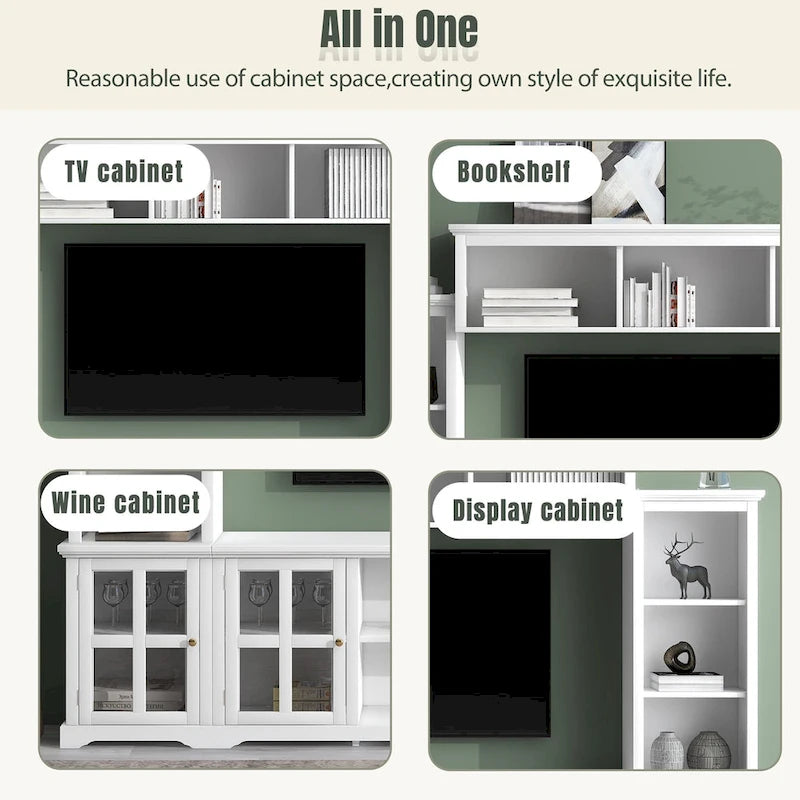 Meuble TV mural blanc de 264 cm | Meuble TV avec pont, 9 étagères et verre trempé de 5 mm | Convient aux téléviseurs de 70 pouces