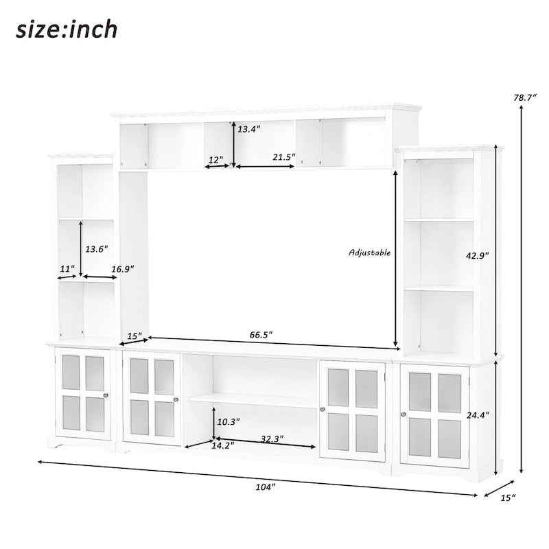 Meuble TV mural blanc de 264 cm | Meuble TV avec pont, 9 étagères et verre trempé de 5 mm | Convient aux téléviseurs de 70 pouces