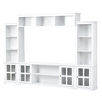 Meuble TV mural blanc de 264 cm | Meuble TV avec pont, 9 étagères et verre trempé de 5 mm | Convient aux téléviseurs de 70 pouces