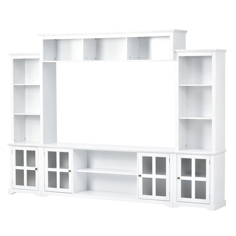 Meuble TV mural blanc de 264 cm | Meuble TV avec pont, 9 étagères et verre trempé de 5 mm | Convient aux téléviseurs de 70 pouces