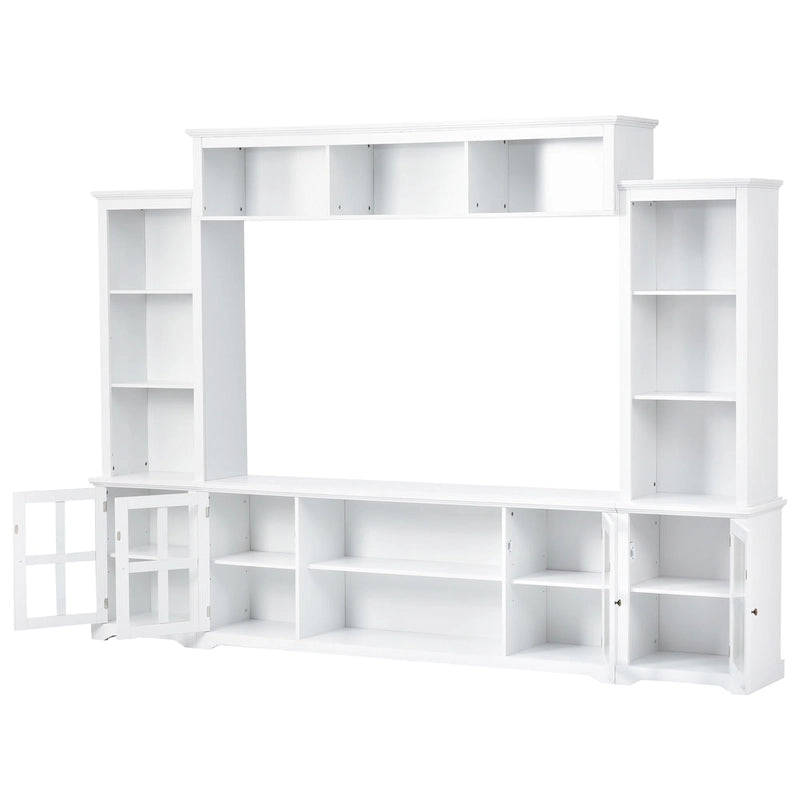 Meuble TV mural blanc de 264 cm | Meuble TV avec pont, 9 étagères et verre trempé de 5 mm | Convient aux téléviseurs de 70 pouces
