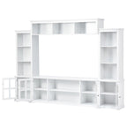 Meuble TV mural blanc de 264 cm | Meuble TV avec pont, 9 étagères et verre trempé de 5 mm | Convient aux téléviseurs de 70 pouces
