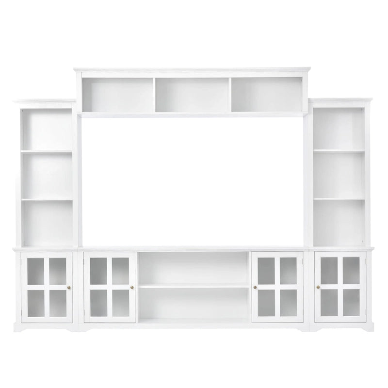 Meuble TV mural blanc de 264 cm | Meuble TV avec pont, 9 étagères et verre trempé de 5 mm | Convient aux téléviseurs de 70 pouces