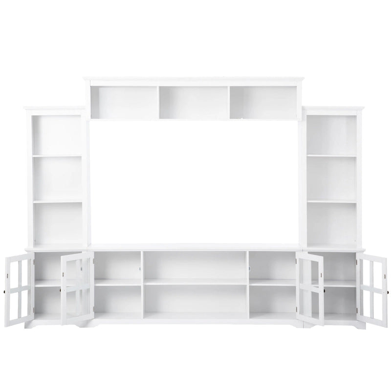 Meuble TV mural blanc de 264 cm | Meuble TV avec pont, 9 étagères et verre trempé de 5 mm | Convient aux téléviseurs de 70 pouces