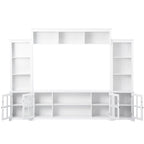 Meuble TV mural blanc de 264 cm | Meuble TV avec pont, 9 étagères et verre trempé de 5 mm | Convient aux téléviseurs de 70 pouces