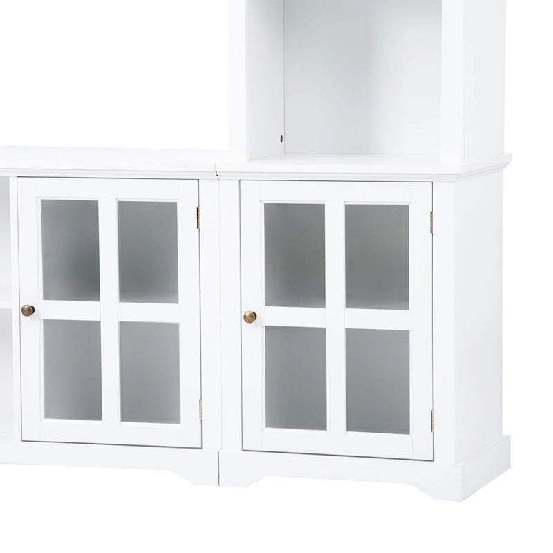 Meuble TV mural blanc de 264 cm | Meuble TV avec pont, 9 étagères et verre trempé de 5 mm | Convient aux téléviseurs de 70 pouces