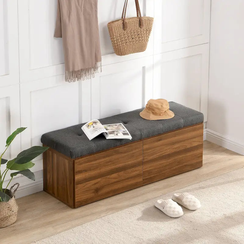 Banc de rangement pour chaussures d'entrée 49 po avec portes doubles et coussin rembourré, Pouf peu encombrant