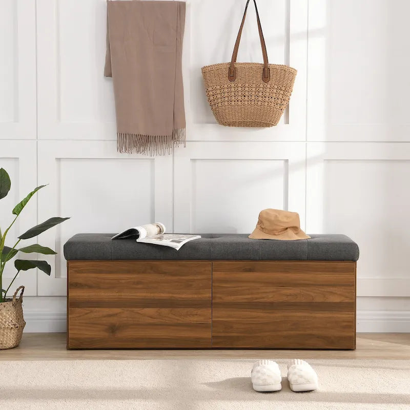 Banc de rangement pour chaussures d'entrée 49 po avec portes doubles et coussin rembourré, Pouf peu encombrant