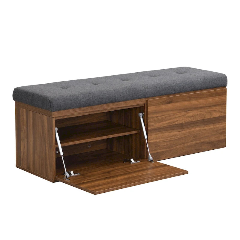 Banc de rangement pour chaussures d'entrée 49 po avec portes doubles et coussin rembourré, Pouf peu encombrant