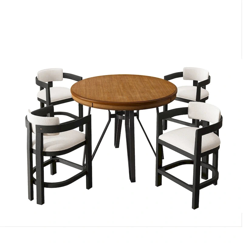 Ensemble de bar 5 pièces à hauteur de comptoir | Chaises rembourrées en tissu bouclé | Plateau en MDF coloris frêne clair | Cadre en métal | H 91 cm