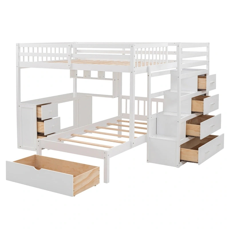 Lit superposé double sur simple avec bureau, tiroirs et étagères
