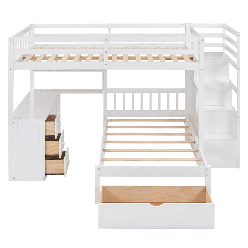Lit superposé double sur simple avec bureau, tiroirs et étagères