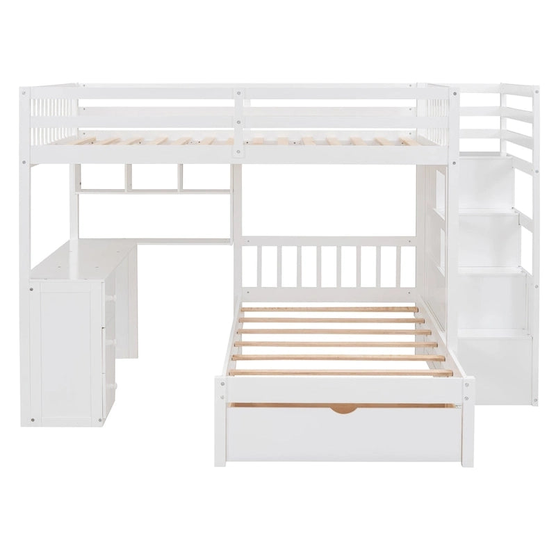 Lit superposé double sur simple avec bureau, tiroirs et étagères