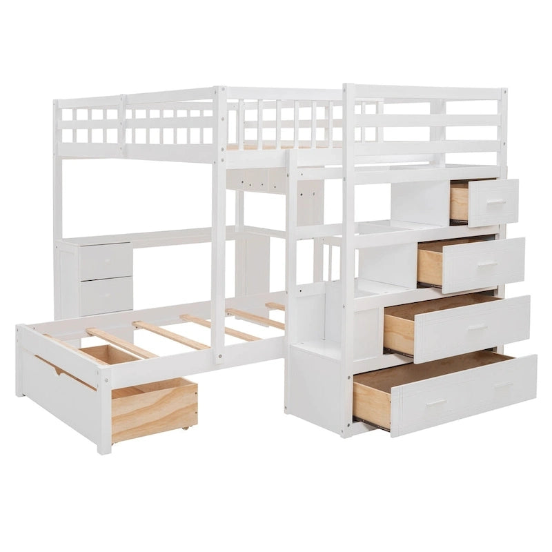 Lit superposé double sur simple avec bureau, tiroirs et étagères
