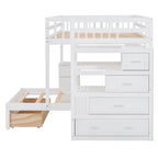 Lit superposé double sur simple avec bureau, tiroirs et étagères