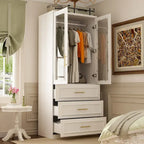 Armoire de garde-robe blanche : Conception à double porte vitrée avec poignées dorées et tringle à vêtements, idéale pour organiser les vêtements