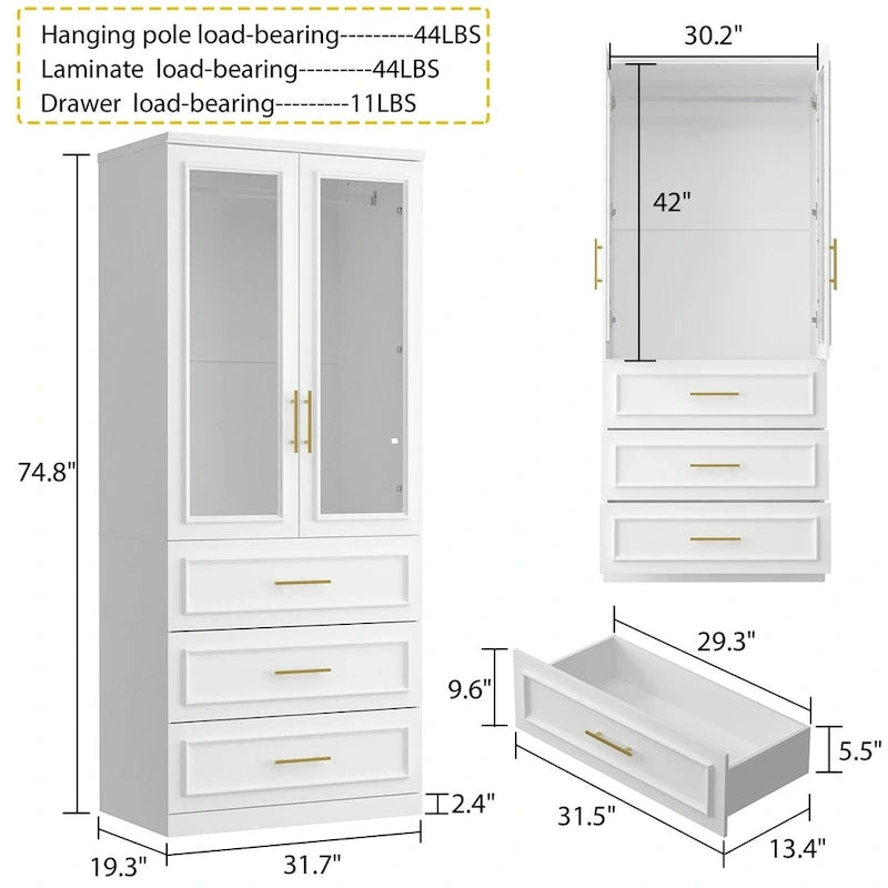Armoire de garde-robe blanche : Conception à double porte vitrée avec poignées dorées et tringle à vêtements, idéale pour organiser les vêtements