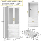 Armoire de garde-robe blanche : Conception à double porte vitrée avec poignées dorées et tringle à vêtements, idéale pour organiser les vêtements