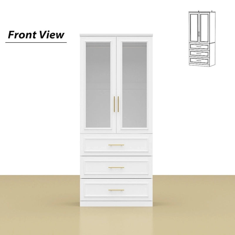 Armoire de garde-robe blanche : Conception à double porte vitrée avec poignées dorées et tringle à vêtements, idéale pour organiser les vêtements