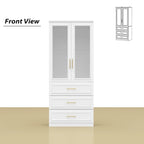 Armoire de garde-robe blanche : Conception à double porte vitrée avec poignées dorées et tringle à vêtements, idéale pour organiser les vêtements