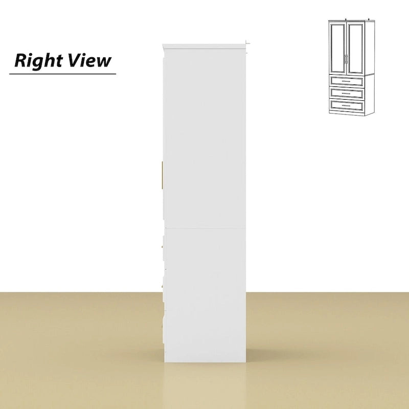Armoire de garde-robe blanche : Conception à double porte vitrée avec poignées dorées et tringle à vêtements, idéale pour organiser les vêtements