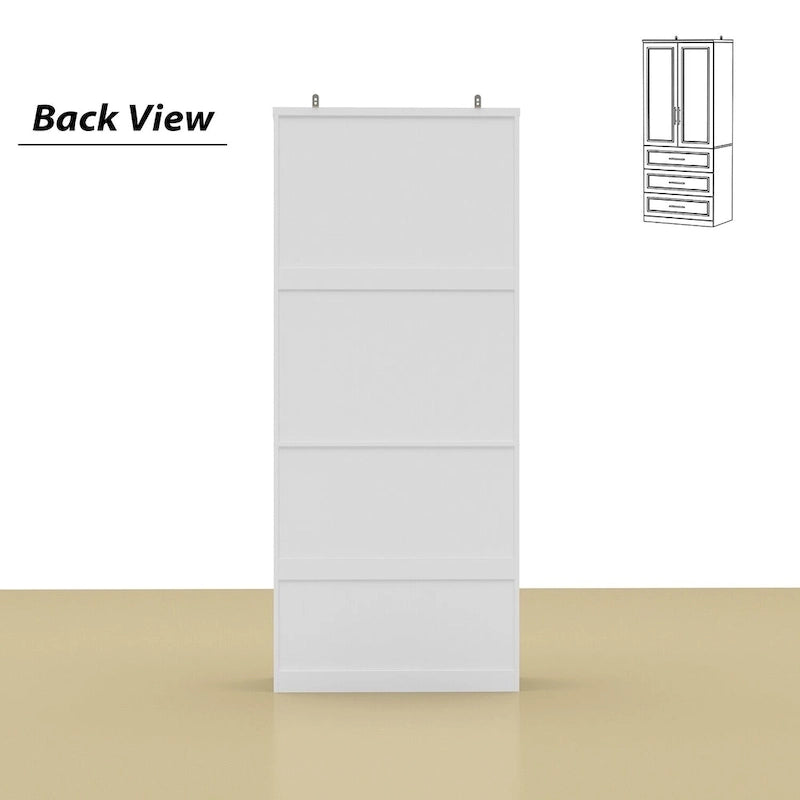 Armoire de garde-robe blanche : Conception à double porte vitrée avec poignées dorées et tringle à vêtements, idéale pour organiser les vêtements