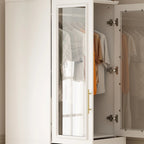 Armoire de garde-robe blanche : Conception à double porte vitrée avec poignées dorées et tringle à vêtements, idéale pour organiser les vêtements