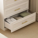 Armoire de garde-robe blanche : Conception à double porte vitrée avec poignées dorées et tringle à vêtements, idéale pour organiser les vêtements