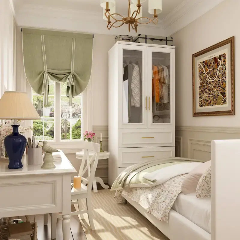 Armoire de garde-robe blanche : Conception à double porte vitrée avec poignées dorées et tringle à vêtements, idéale pour organiser les vêtements