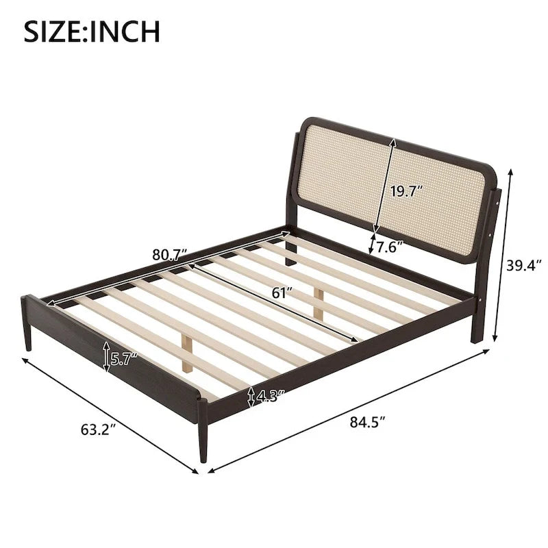 Lit plateforme Queen avec tête de lit LED et détails en rotin | Bois de pin | Pas besoin de sommier tapissier