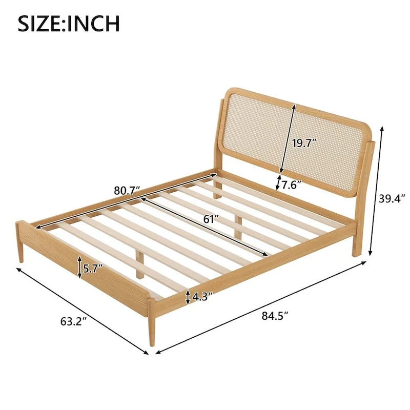 Lit plateforme Queen avec tête de lit LED et détails en rotin | Bois de pin | Pas besoin de sommier tapissier