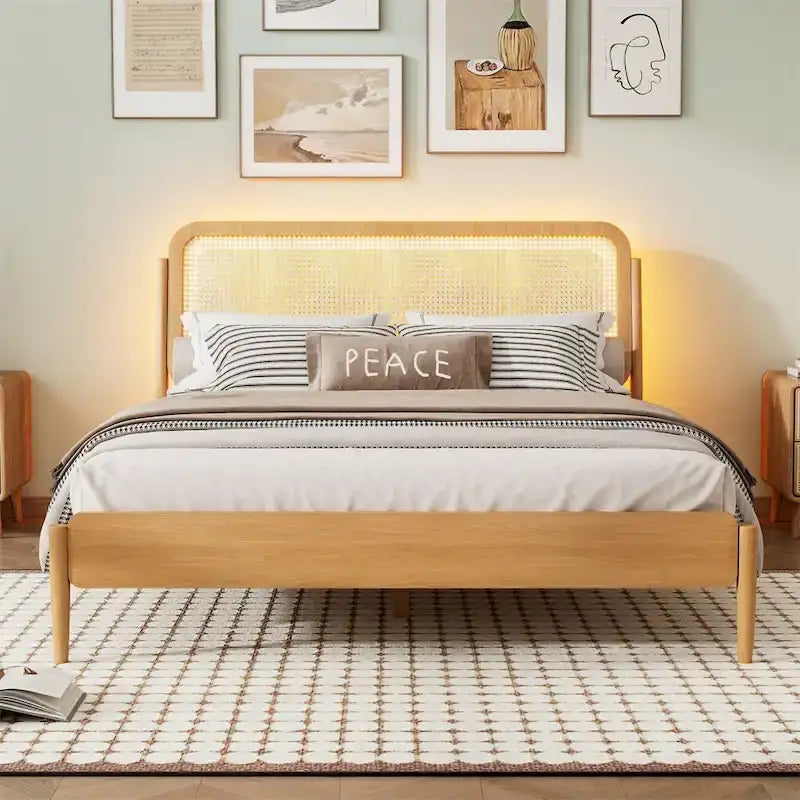 Lit plateforme Queen avec tête de lit LED et détails en rotin | Bois de pin | Pas besoin de sommier tapissier