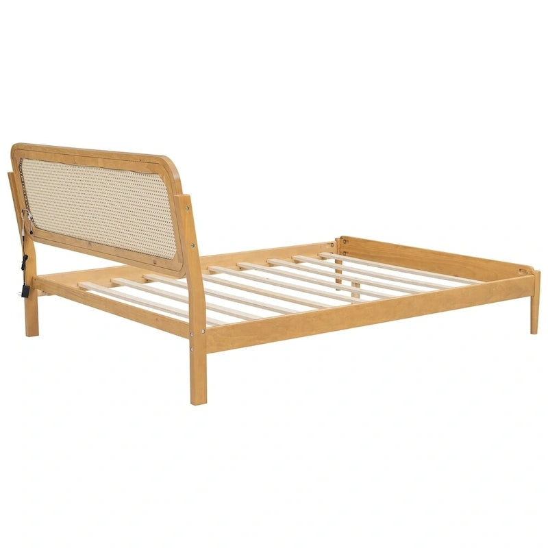 Lit plateforme Queen avec tête de lit LED et détails en rotin | Bois de pin | Pas besoin de sommier tapissier