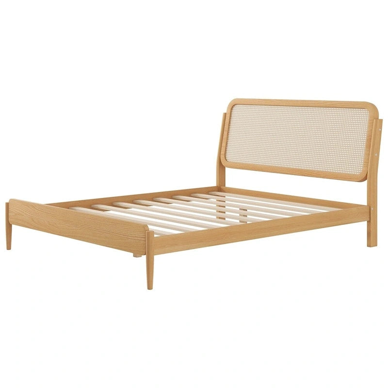 Lit plateforme Queen avec tête de lit LED et détails en rotin | Bois de pin | Pas besoin de sommier tapissier