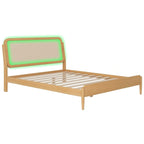 Lit plateforme Queen avec tête de lit LED et détails en rotin | Bois de pin | Pas besoin de sommier tapissier