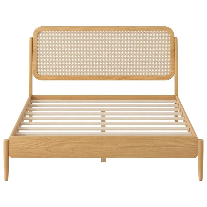 Lit plateforme Queen avec tête de lit LED et détails en rotin | Bois de pin | Pas besoin de sommier tapissier