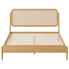 Lit plateforme Queen avec tête de lit LED et détails en rotin | Bois de pin | Pas besoin de sommier tapissier