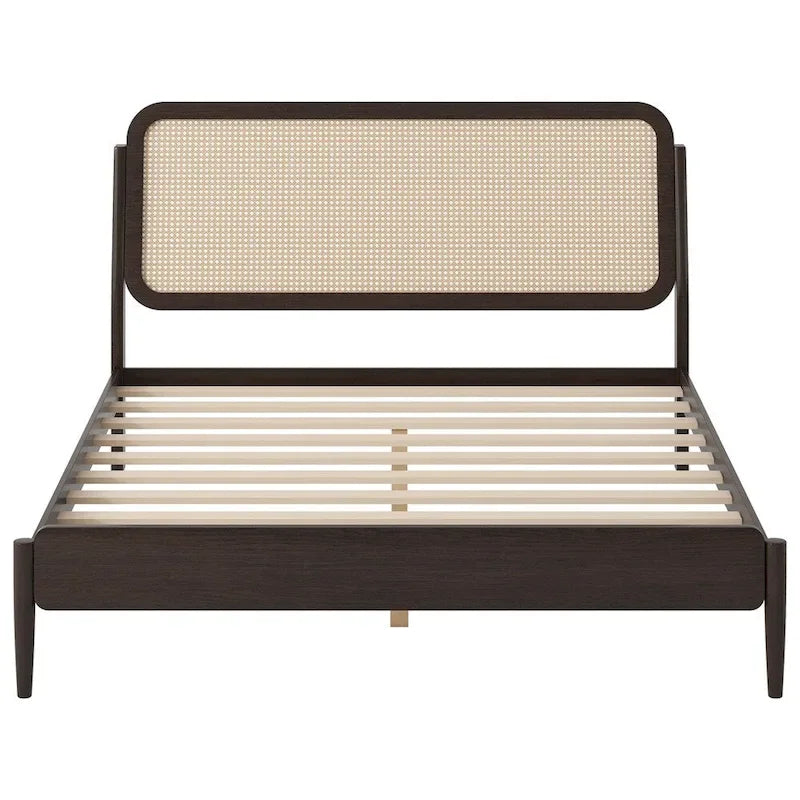 Lit plateforme Queen avec tête de lit LED et détails en rotin | Bois de pin | Pas besoin de sommier tapissier