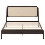 Lit plateforme Queen avec tête de lit LED et détails en rotin | Bois de pin | Pas besoin de sommier tapissier