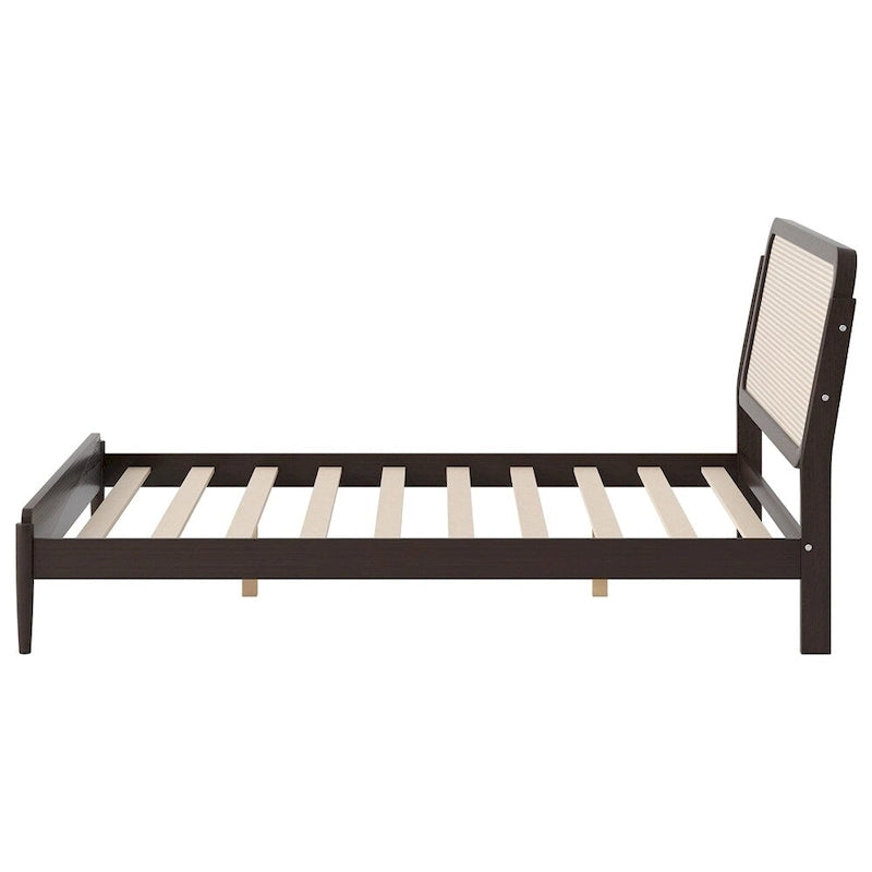Lit plateforme Queen avec tête de lit LED et détails en rotin | Bois de pin | Pas besoin de sommier tapissier
