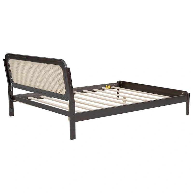 Lit plateforme Queen avec tête de lit LED et détails en rotin | Bois de pin | Pas besoin de sommier tapissier