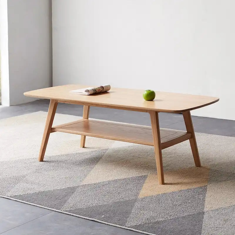 Table basse en chêne massif avec étagère de rangement inférieure | Conception à 2 niveaux | Finition non toxique | Salon