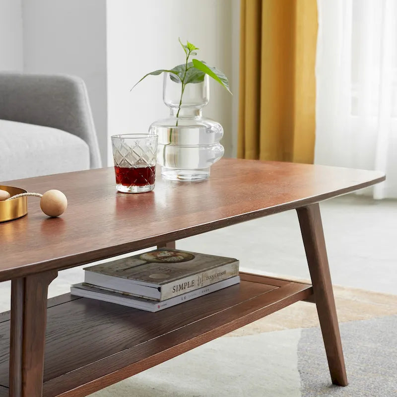 Table basse en chêne massif avec étagère de rangement inférieure | Conception à 2 niveaux | Finition non toxique | Salon